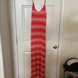 SO Coral, Maroon, and White Striped Maxi Dress